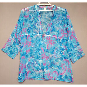 Creations Swimsuit Cover Up Dress Womens Free Size Blue Floral Tropical Sheer